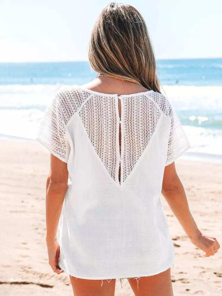 Casual Short Sleeve Cut-Outs V-Neck Hollow Summer Top Mssza