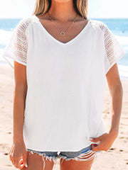 Casual Short Sleeve Cut-Outs V-Neck Hollow Summer Top Mssza