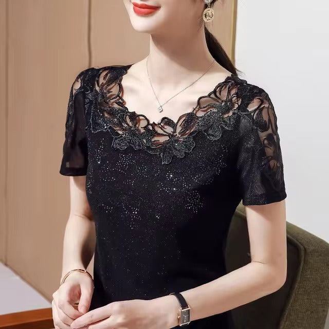 Casual Short Sleeve Lace Hollow Embroidery High Stretch Mesh Tops Mssza