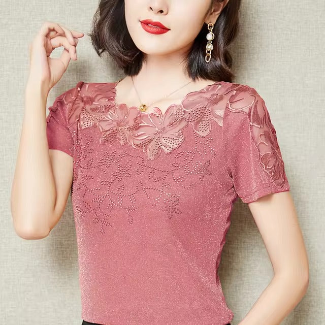 Casual Short Sleeve Lace Hollow Embroidery High Stretch Mesh Tops Mssza