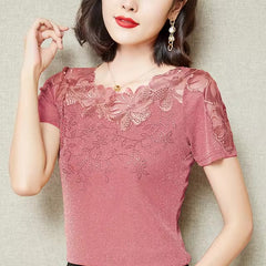 Casual Short Sleeve Lace Hollow Embroidery High Stretch Mesh Tops Mssza