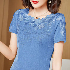 Casual Short Sleeve Lace Hollow Embroidery High Stretch Mesh Tops Mssza