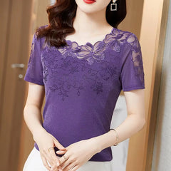 Casual Short Sleeve Lace Hollow Embroidery High Stretch Mesh Tops Mssza