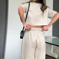 Casual Short Sleeve Lapel Office Button Top Loose Wide Legs Pants Two Piece Set Mssza