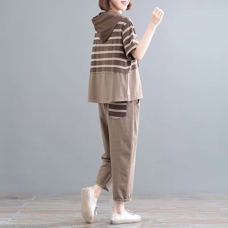 Casual Short Sleeve Loose Large Size Stripes Hooded T Shirt Straight Pants 2 Piece Set Mssza