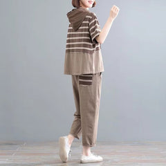 Casual Short Sleeve Loose Large Size Stripes Hooded T Shirt Straight Pants 2 Piece Set Mssza