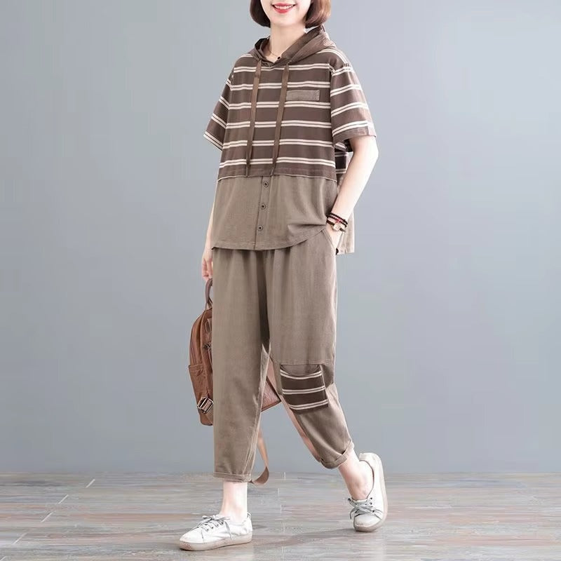 Casual Short Sleeve Loose Large Size Stripes Hooded T Shirt Straight Pants 2 Piece Set Mssza