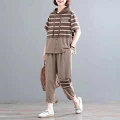 Casual Short Sleeve Loose Large Size Stripes Hooded T Shirt Straight Pants 2 Piece Set Mssza