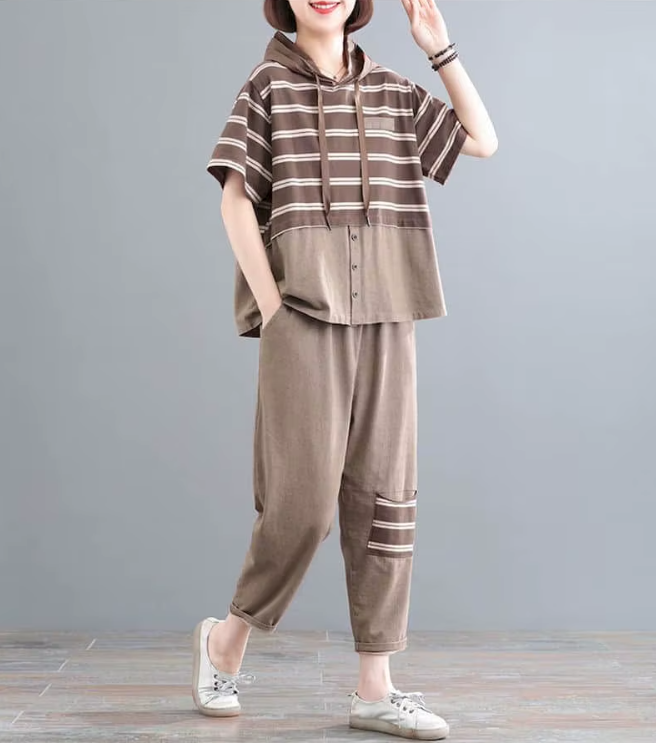 Casual Short Sleeve Loose Large Size Stripes Hooded T Shirt Straight Pants 2 Piece Set Mssza