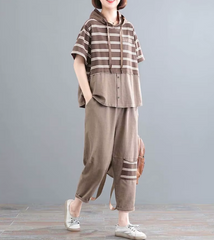Casual Short Sleeve Loose Large Size Stripes Hooded T Shirt Straight Pants 2 Piece Set Mssza