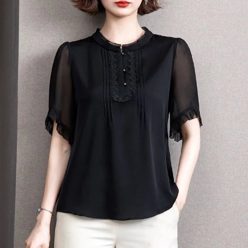 Casual Short Sleeve O-Neck Chiffon Non Stretch Blouses Tops Mssza