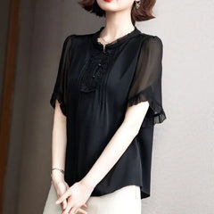 Casual Short Sleeve O-Neck Chiffon Non Stretch Blouses Tops Mssza