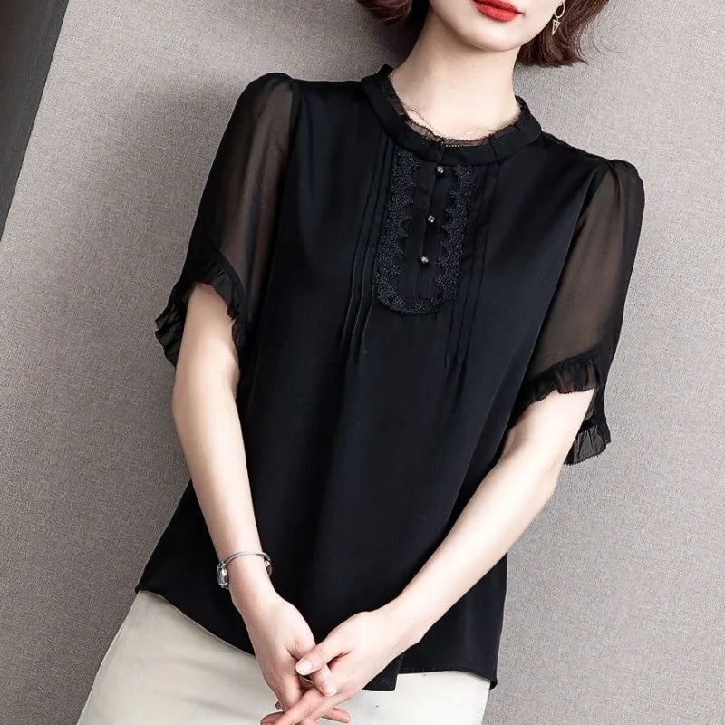Casual Short Sleeve O-Neck Chiffon Non Stretch Blouses Tops Mssza