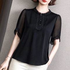 Casual Short Sleeve O-Neck Chiffon Non Stretch Blouses Tops Mssza