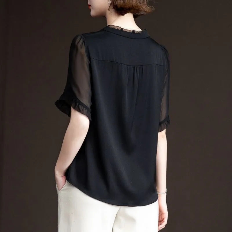 Casual Short Sleeve O-Neck Chiffon Non Stretch Blouses Tops Mssza