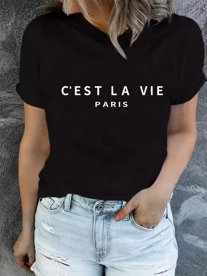 Casual Short Sleeve Paris Print Crew Neck High Stretch T-shirt Mssza