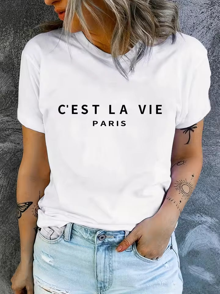 Casual Short Sleeve Paris Print Crew Neck High Stretch T-shirt Mssza