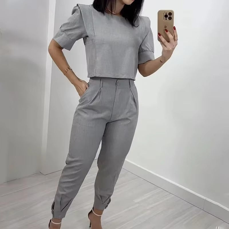 Casual Short Sleeve Round Neck Solid Top Loose With Pockets Pants Two Piece Set Mssza