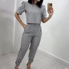 Casual Short Sleeve Round Neck Solid Top Loose With Pockets Pants Two Piece Set Mssza