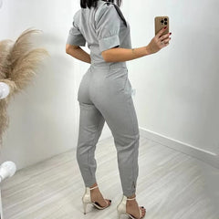 Casual Short Sleeve Round Neck Solid Top Loose With Pockets Pants Two Piece Set Mssza