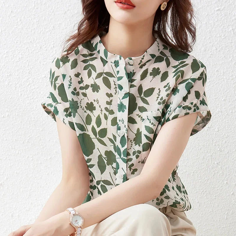 Casual Short Sleeve Stand Collar Flower Printed Blusas Tops Mssza