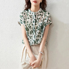 Casual Short Sleeve Stand Collar Flower Printed Blusas Tops Mssza