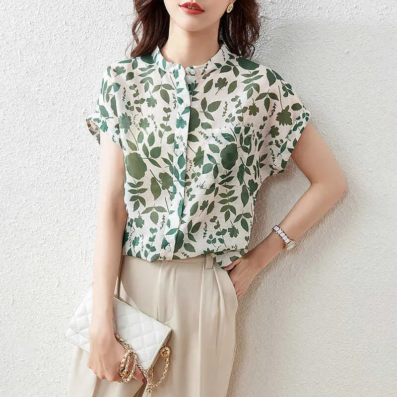 Casual Short Sleeve Stand Collar Flower Printed Blusas Tops Mssza
