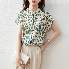 Casual Short Sleeve Stand Collar Flower Printed Blusas Tops Mssza