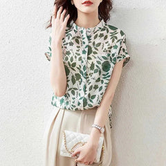Casual Short Sleeve Stand Collar Flower Printed Blusas Tops Mssza
