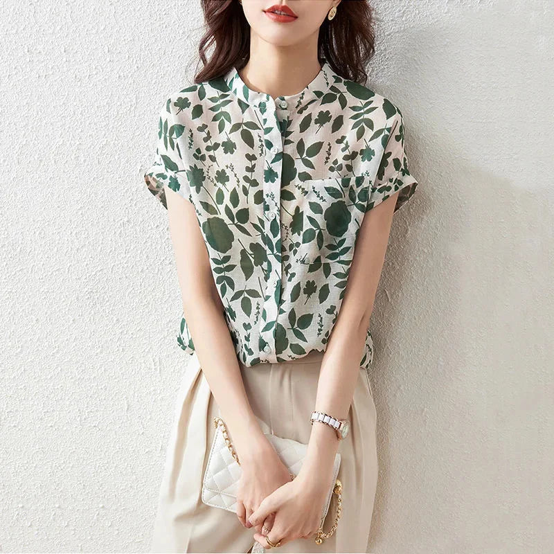 Casual Short Sleeve Stand Collar Flower Printed Blusas Tops Mssza