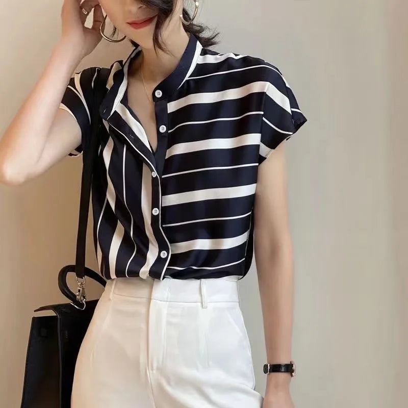 Casual Short Sleeve Striped Stand Collar Non Stretch Loose Shirt Mssza