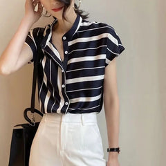 Casual Short Sleeve Striped Stand Collar Non Stretch Loose Shirt Mssza