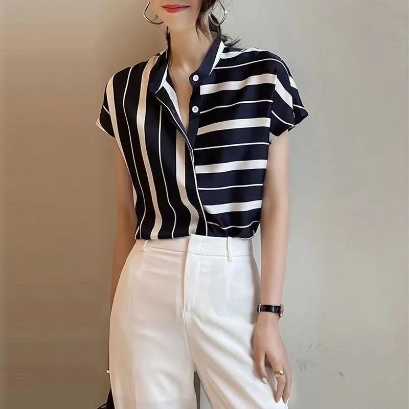 Casual Short Sleeve Striped Stand Collar Non Stretch Loose Shirt Mssza