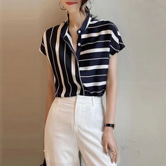 Casual Short Sleeve Striped Stand Collar Non Stretch Loose Shirt Mssza