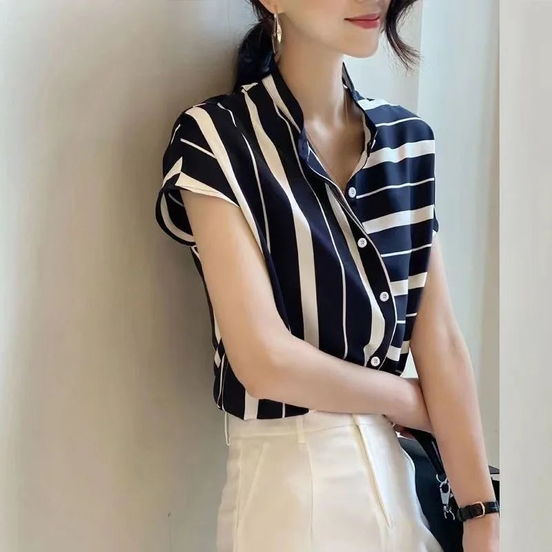 Casual Short Sleeve Striped Stand Collar Non Stretch Loose Shirt Mssza