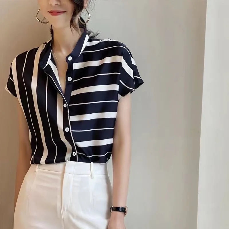 Casual Short Sleeve Striped Stand Collar Non Stretch Loose Shirt Mssza