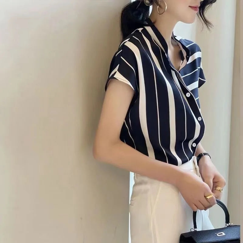 Casual Short Sleeve Striped Stand Collar Non Stretch Loose Shirt Mssza
