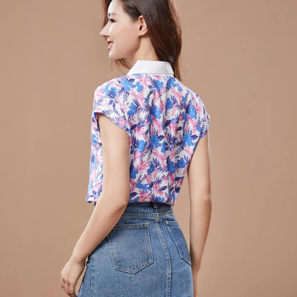 Casual Short Sleeve Turn-down Collar Printed Loose Blouses Shirt Tops Mssza