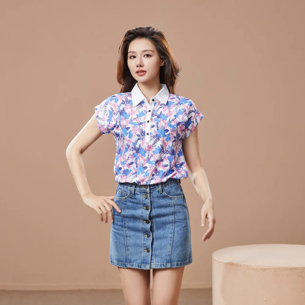 Casual Short Sleeve Turn-down Collar Printed Loose Blouses Shirt Tops Mssza
