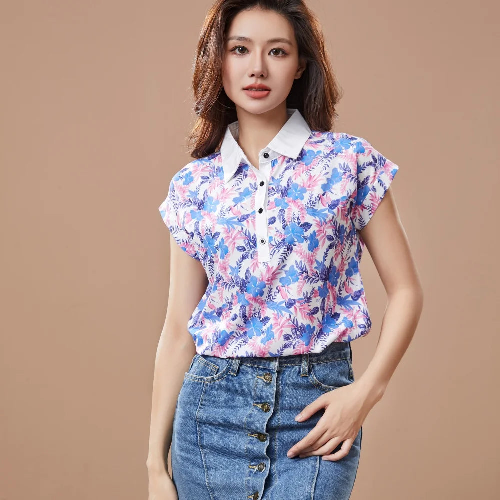 Casual Short Sleeve Turn-down Collar Printed Loose Blouses Shirt Tops Mssza