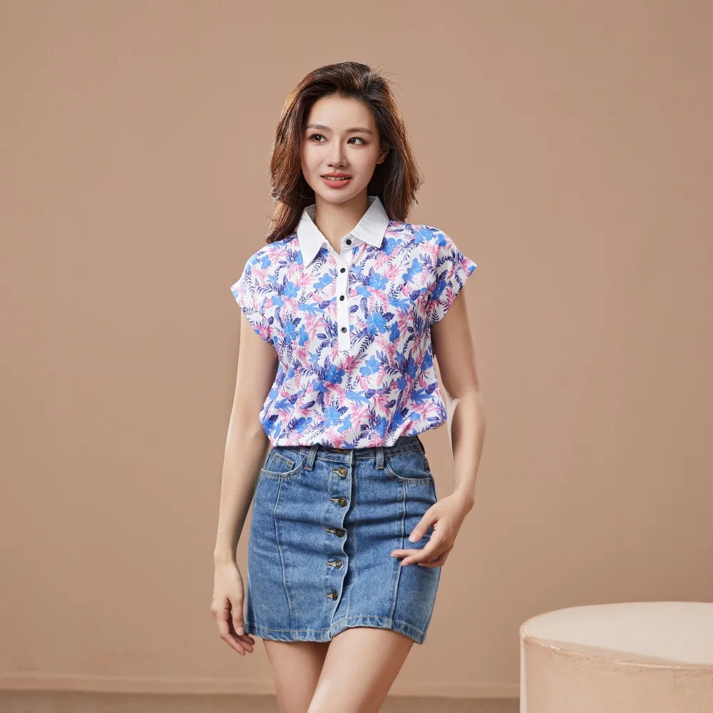 Casual Short Sleeve Turn-down Collar Printed Loose Blouses Shirt Tops Mssza