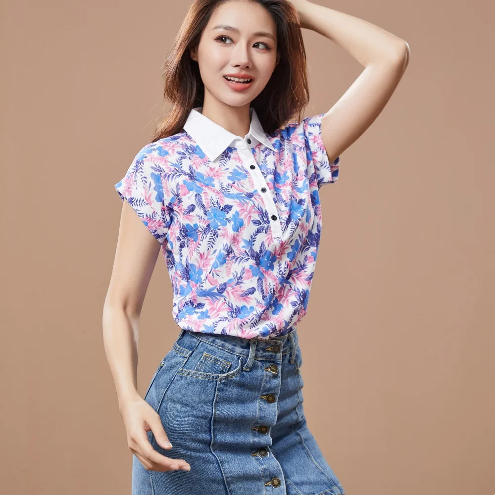Casual Short Sleeve Turn-down Collar Printed Loose Blouses Shirt Tops Mssza