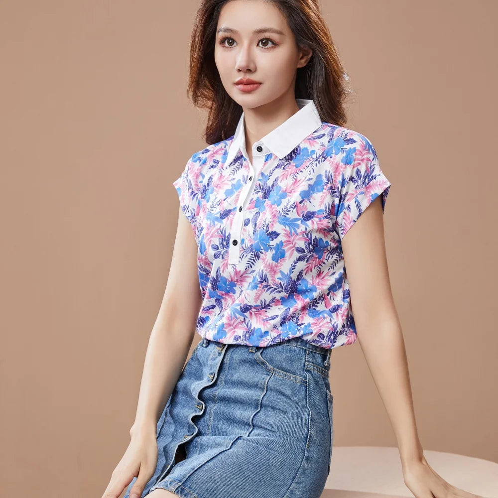 Casual Short Sleeve Turn-down Collar Printed Loose Blouses Shirt Tops Mssza