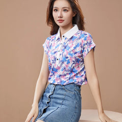 Casual Short Sleeve Turn-down Collar Printed Loose Blouses Shirt Tops Mssza