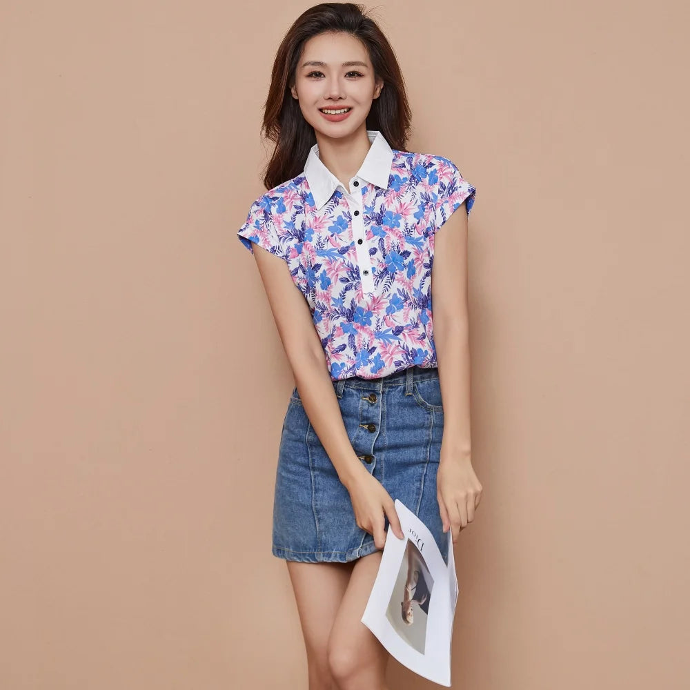 Casual Short Sleeve Turn-down Collar Printed Loose Blouses Shirt Tops Mssza