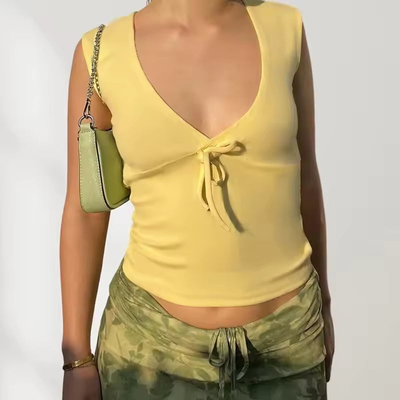 Casual Short Sleeve V-neck Fitted Streetwear Crop Top Mssza