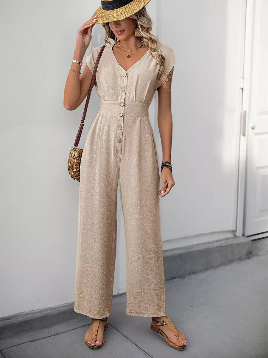 Casual Short Sleeves With Button-Down Front V-Neck Straight Jumpsuit Mssza