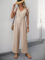 Casual Short Sleeves With Button-Down Front V-Neck Straight Jumpsuit Mssza