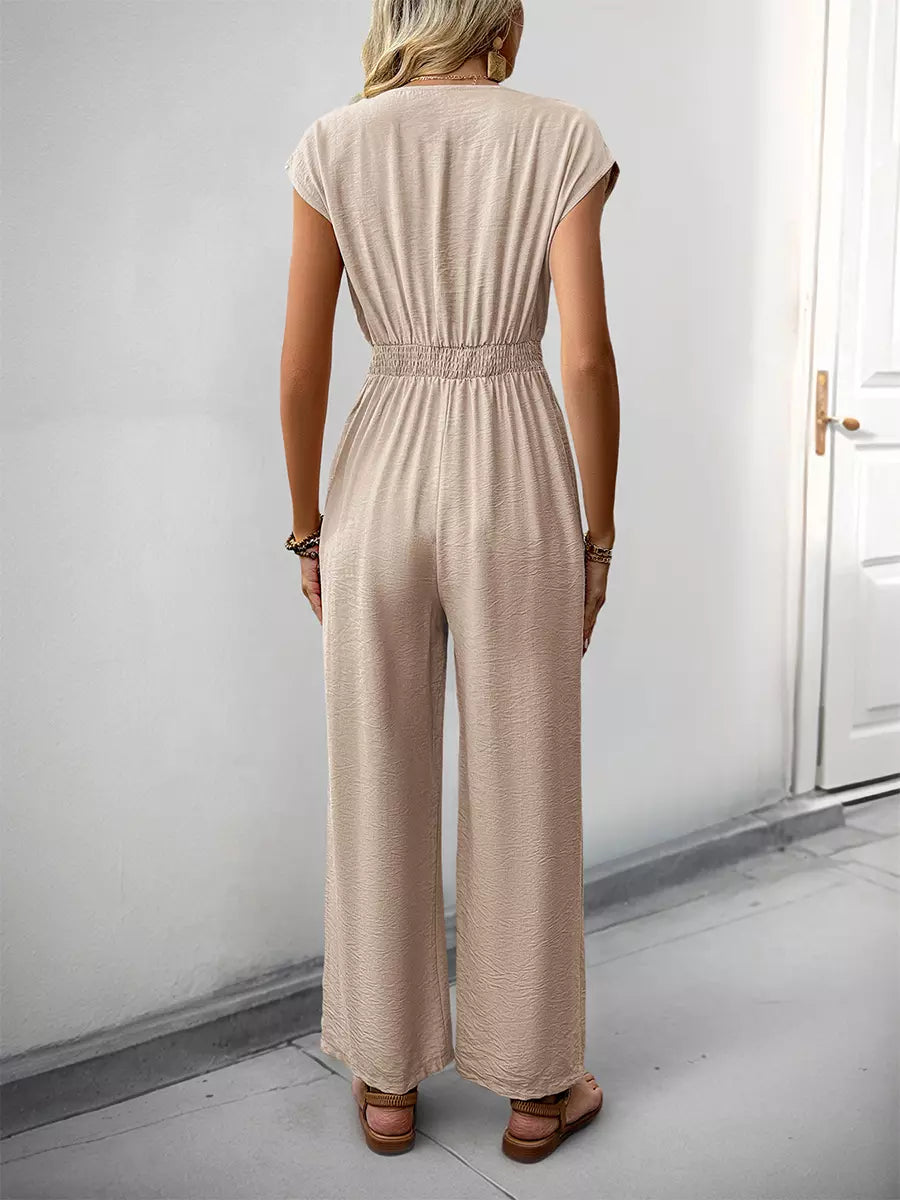 Casual Short Sleeves With Button-Down Front V-Neck Straight Jumpsuit Mssza
