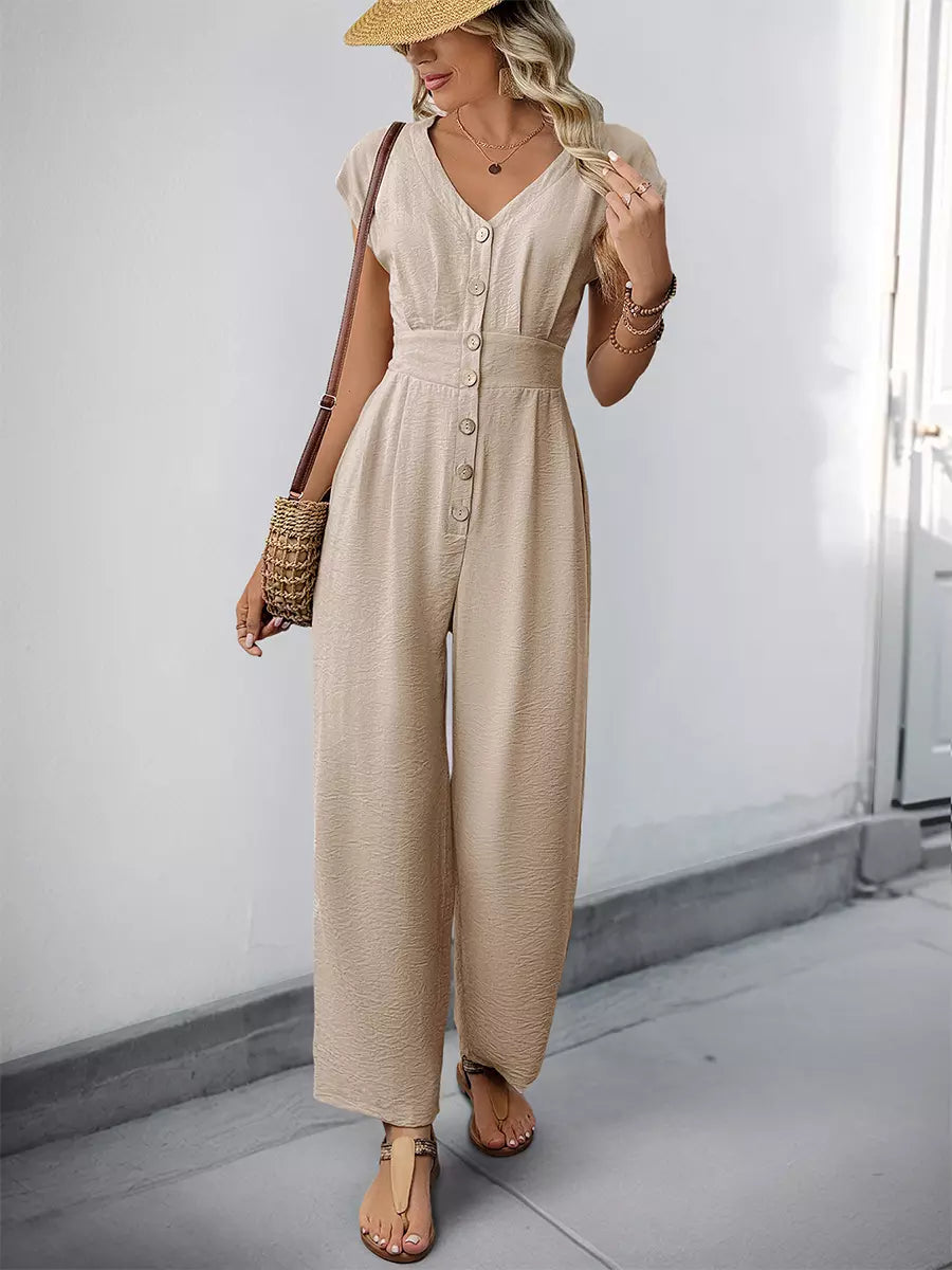 Casual Short Sleeves With Button-Down Front V-Neck Straight Jumpsuit Mssza